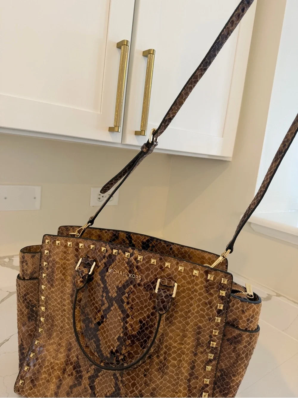 Michael Kors Brown Snake-Embossed Studded Satchel Crossbody Handbag